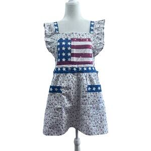 Women's Cotton Flag Patriotic Whimsical Floral Handmade Apron Ruffle Straps S/M